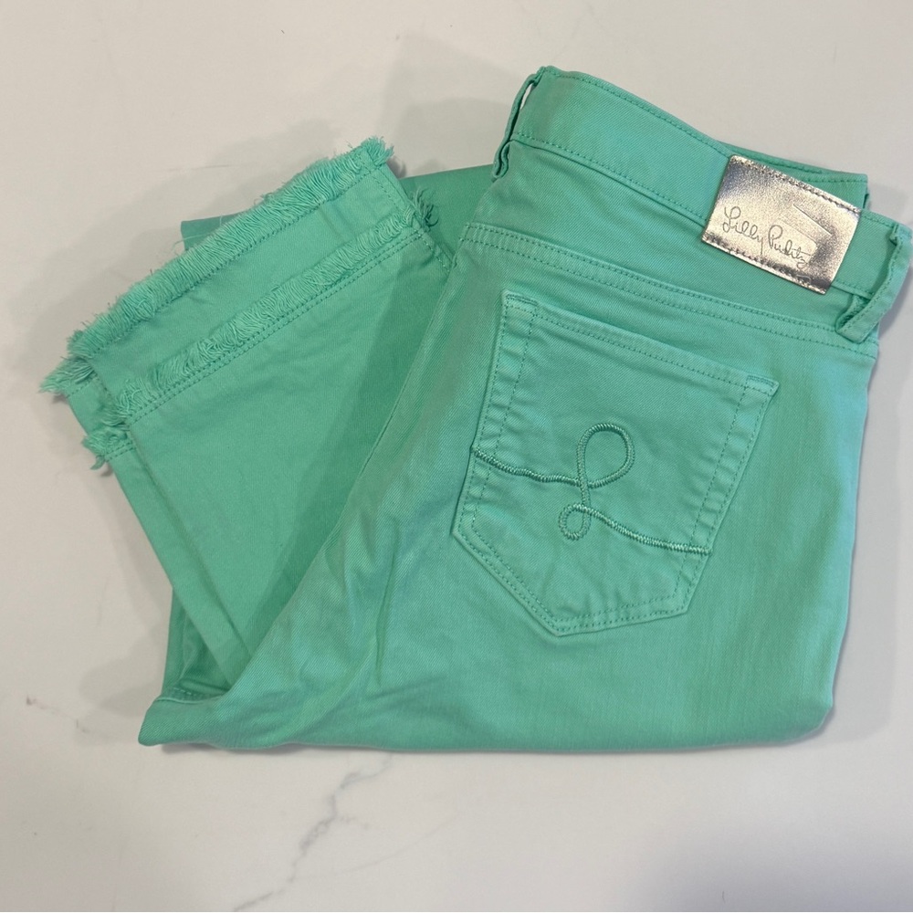 Lilly Pulitzer lime green jeans with double frayed  ankles. Size 10. Inseam 28
